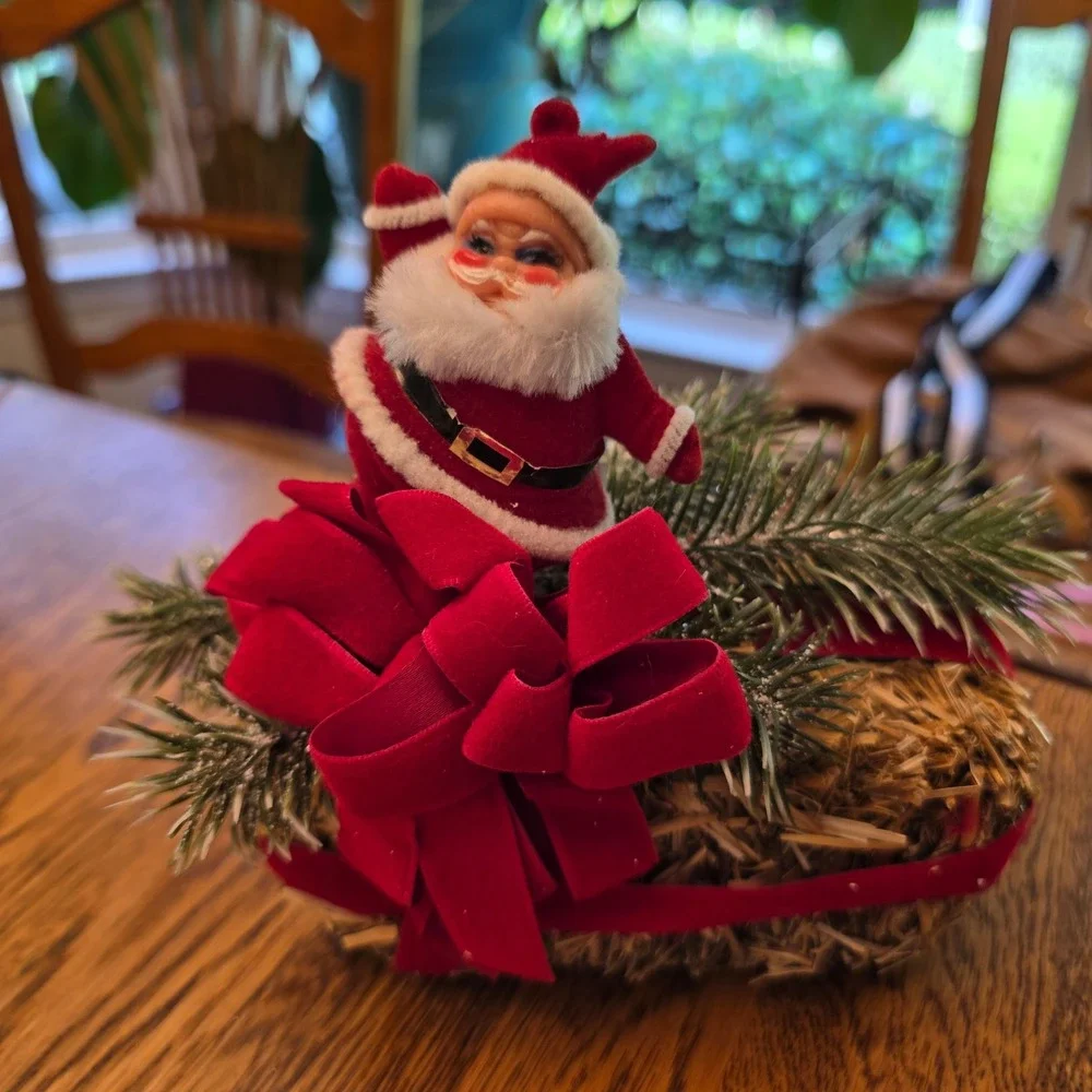 Vintage Flocked Santa Claus on Straw Hay Bale Christmas Centerpiece Red Velvet